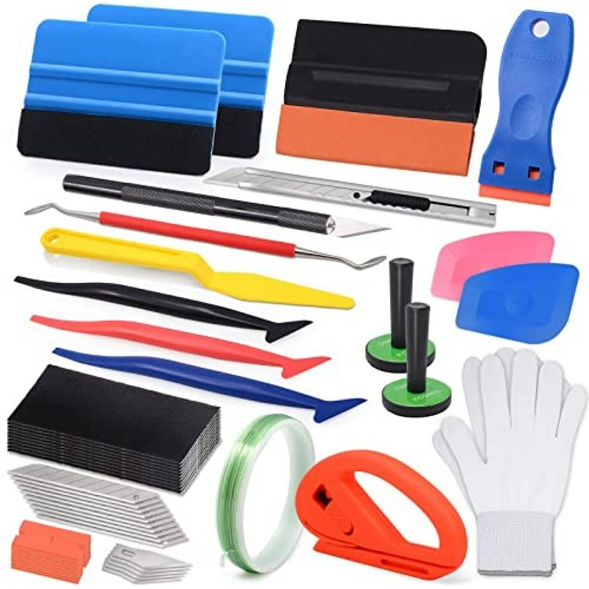 Vinyl wrap installation kit with blue foam squeegees, cutting tools, tape, and gloves