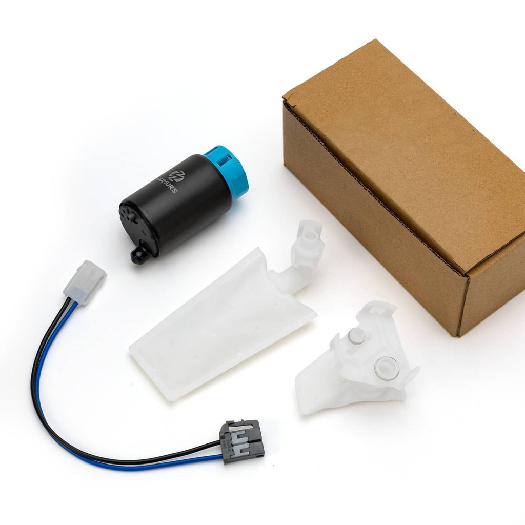 Fuel pump assembly with mounting clips, wiring harness, and cardboard box