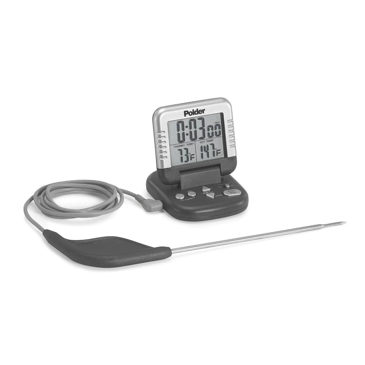 Polder digital meat thermometer and timer with probe, cable, and backlit screen base