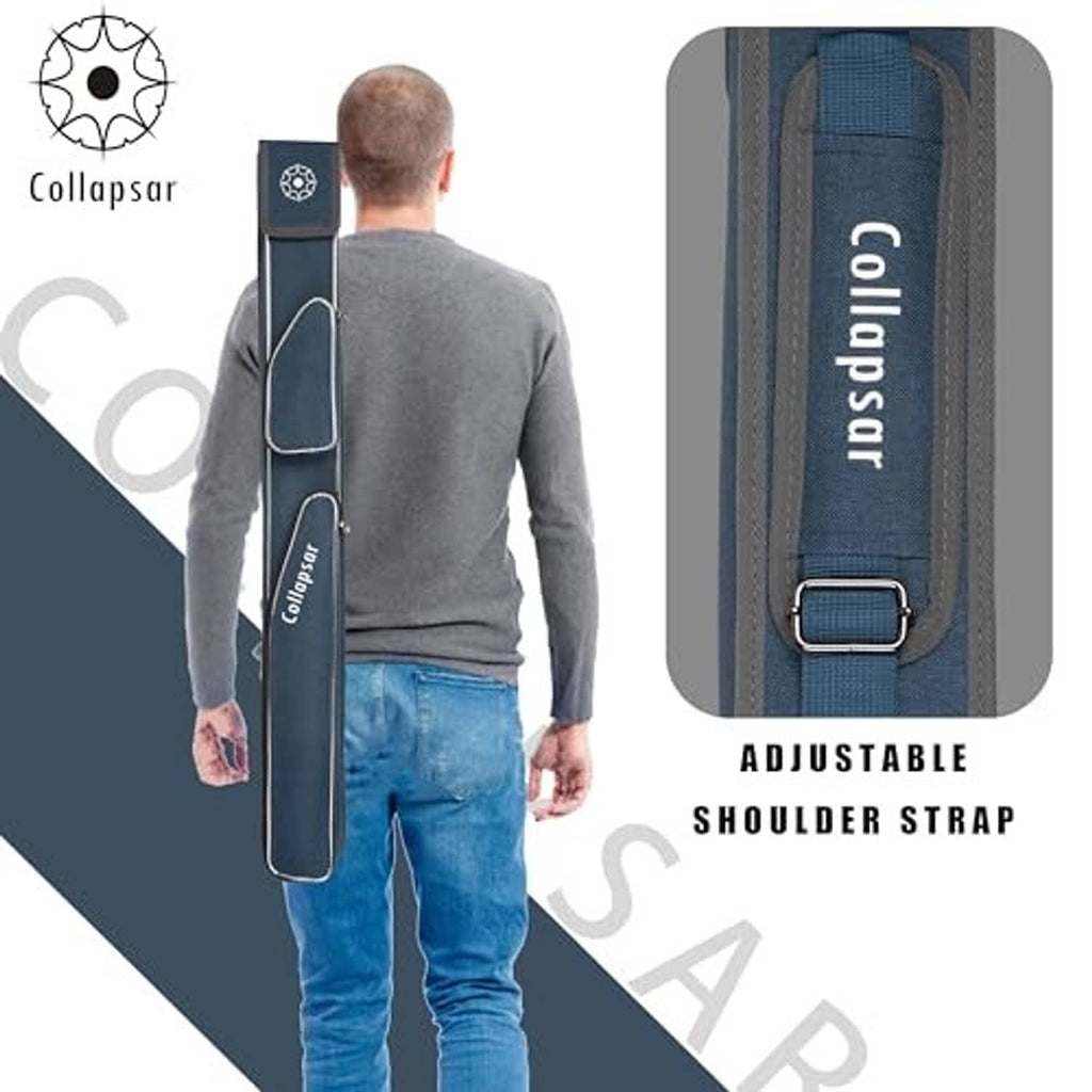 Blue pool cue case with adjustable shoulder strap and webbed cue pocket