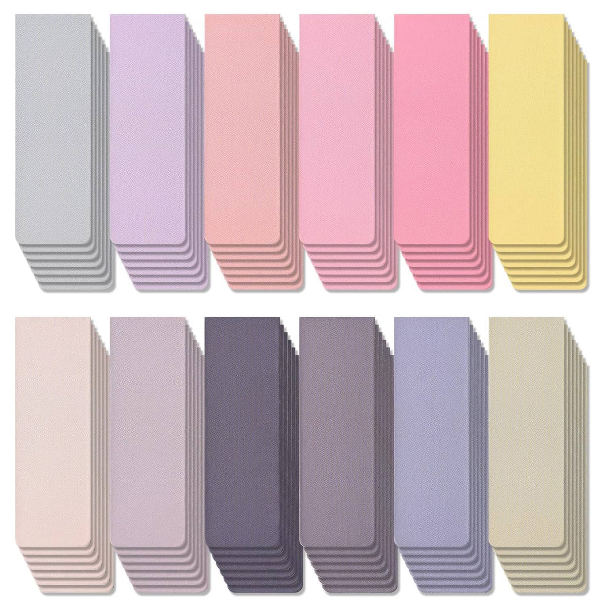 Assorted pastel magnetic bookmark tabs, two rows of colorful flat pieces