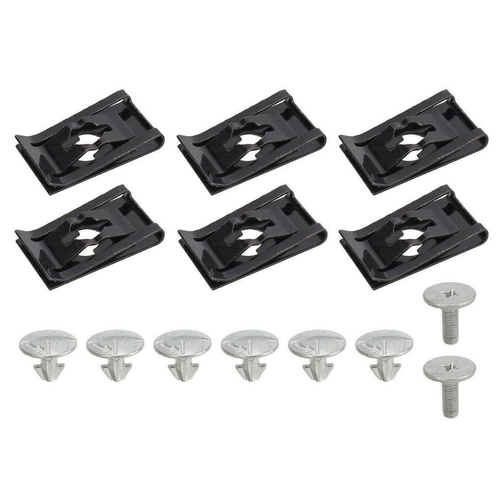 Splash guard mounting clips and screws set, black fasteners with metal hardware
