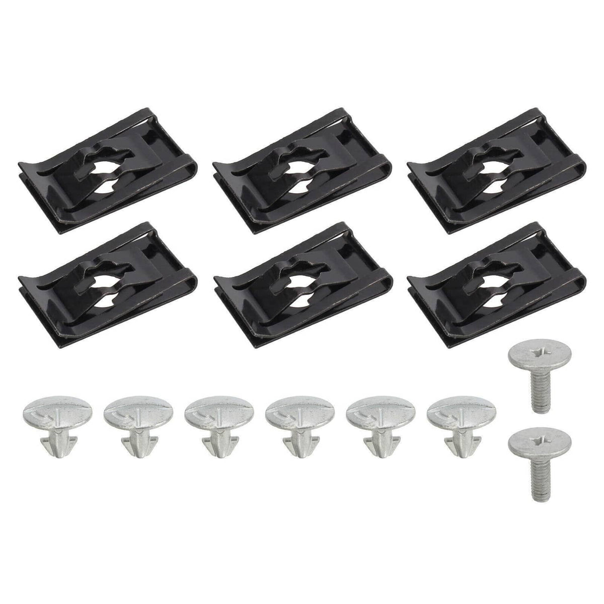 Splash guard mounting clips and screws set, black fasteners with metal hardware
