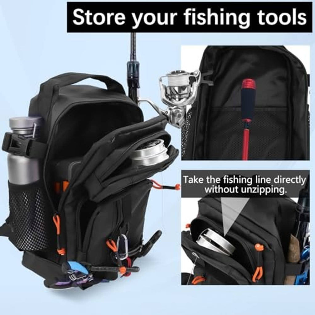 Black fishing sling backpack with multiple compartments and padded shoulder strap