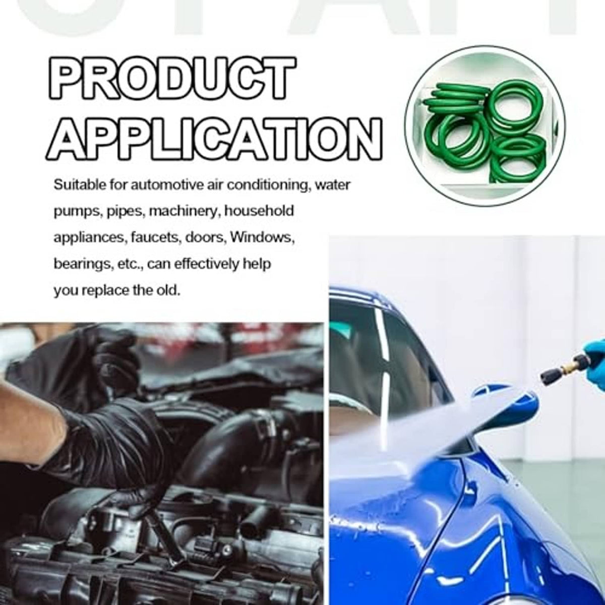 Green O-ring application graphic with inset close-up and automotive-related diagrams