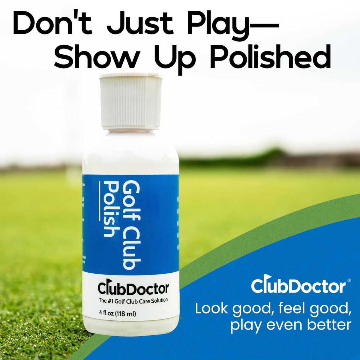 Golf club polish bottle standing on grass with blue-and-white label.