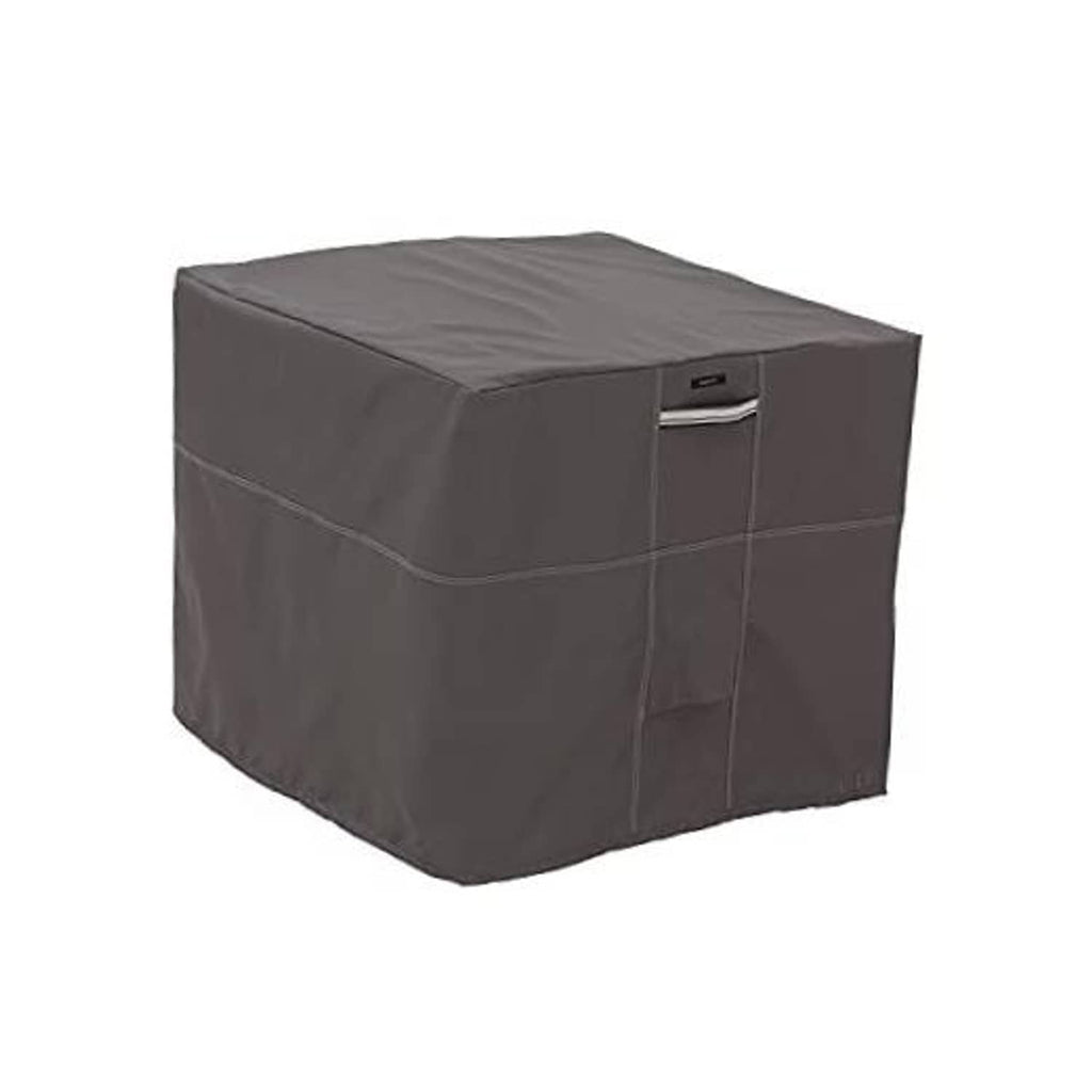 Dark gray square air conditioner cover with top flap and stitched side seams