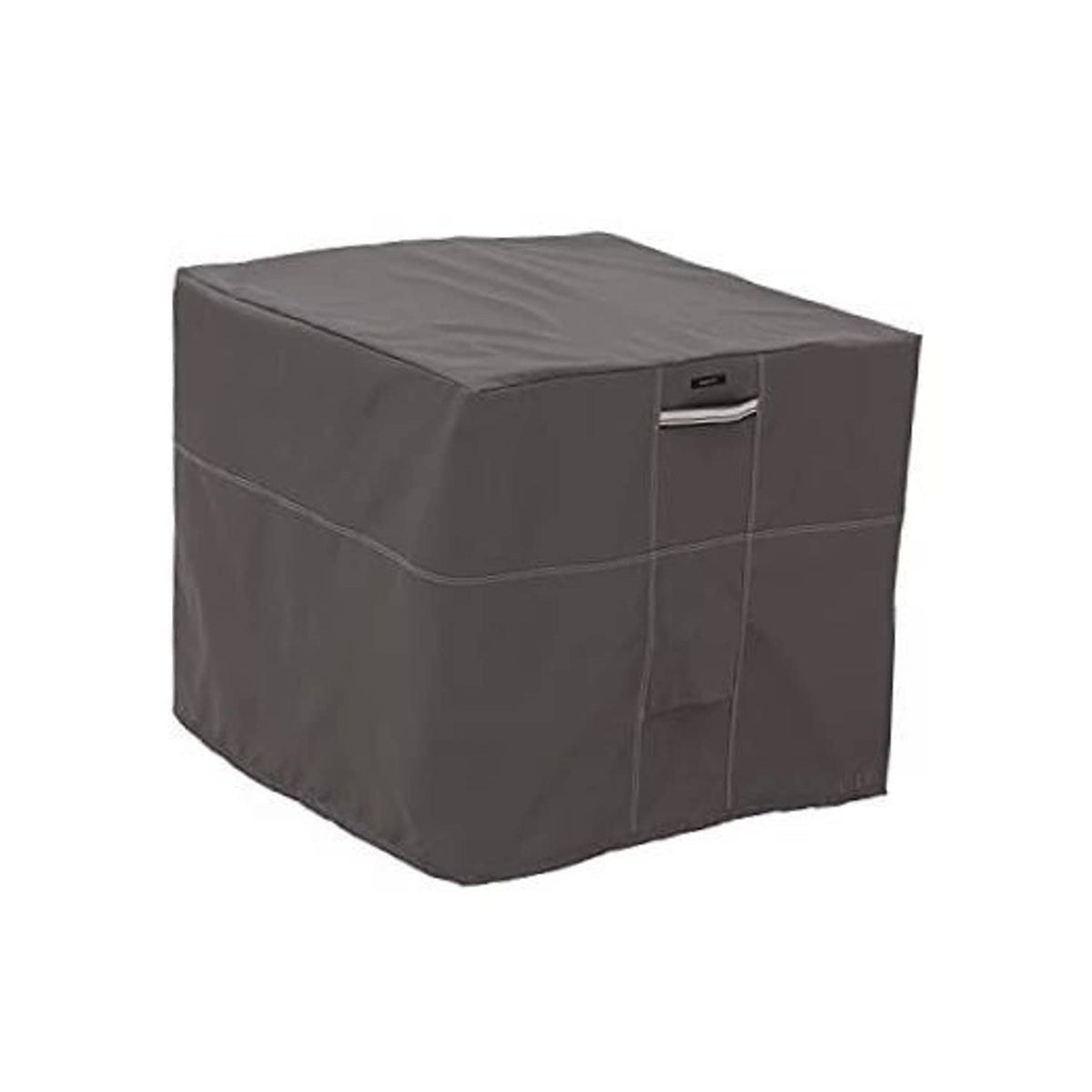Dark gray square air conditioner cover with top flap and stitched side seams