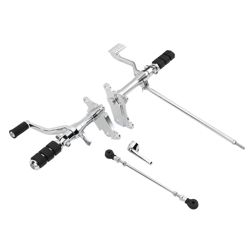 Motorcycle forward control kit with chrome levers and black rubber foot peg accents
