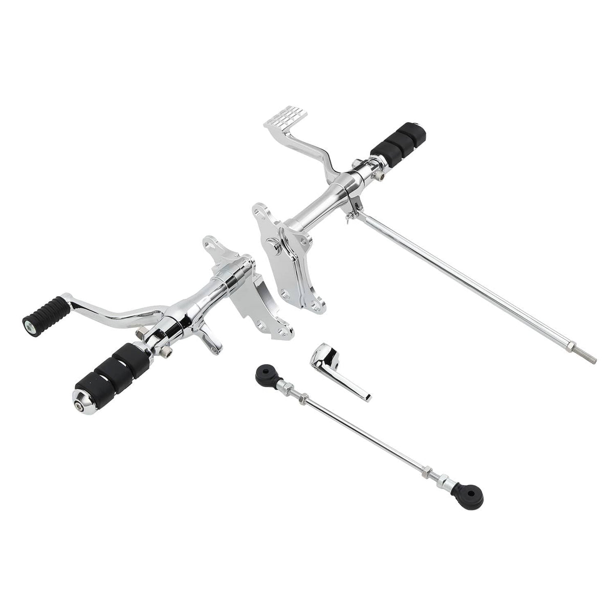 Motorcycle forward control kit with chrome levers and black rubber foot peg accents