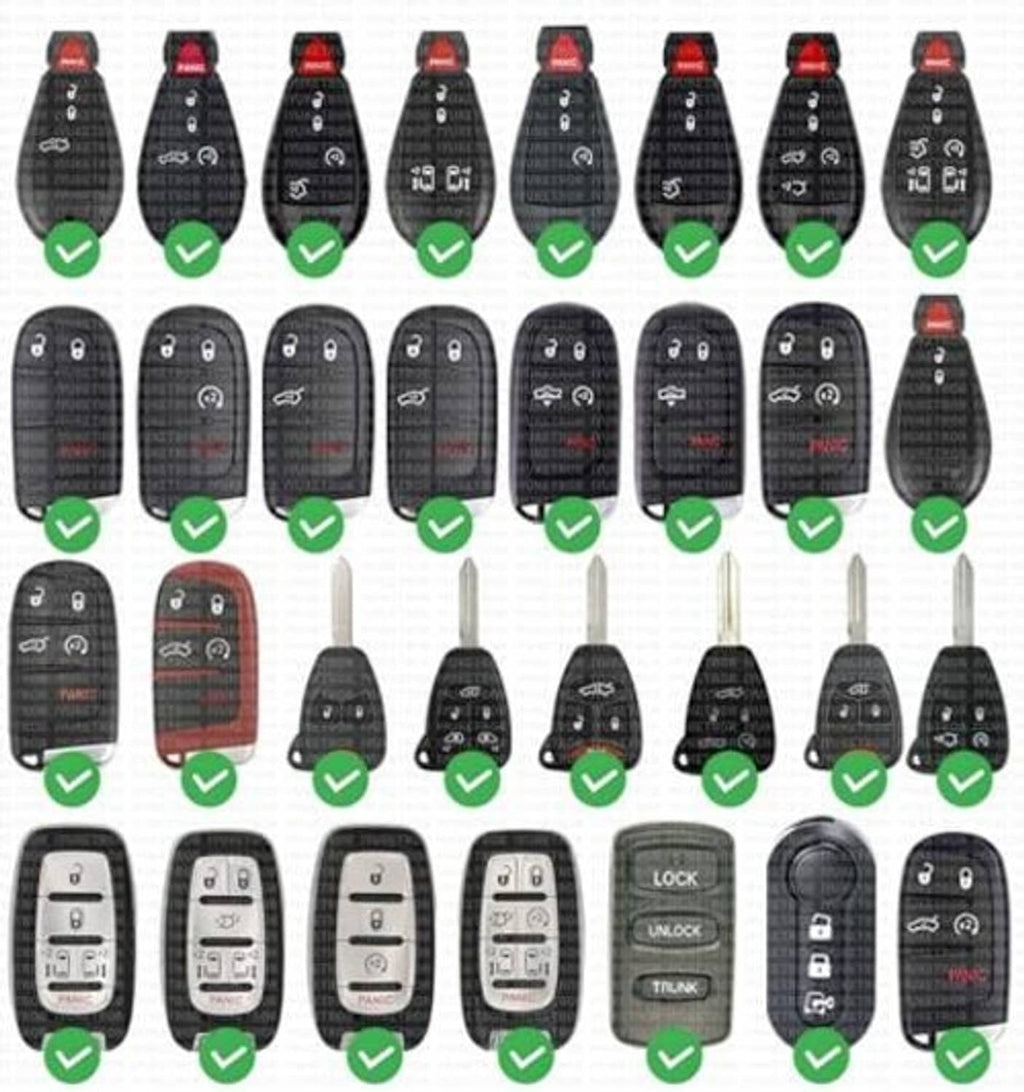 Assorted key fob remotes shown with green check marks for CR2032 replacement batteries