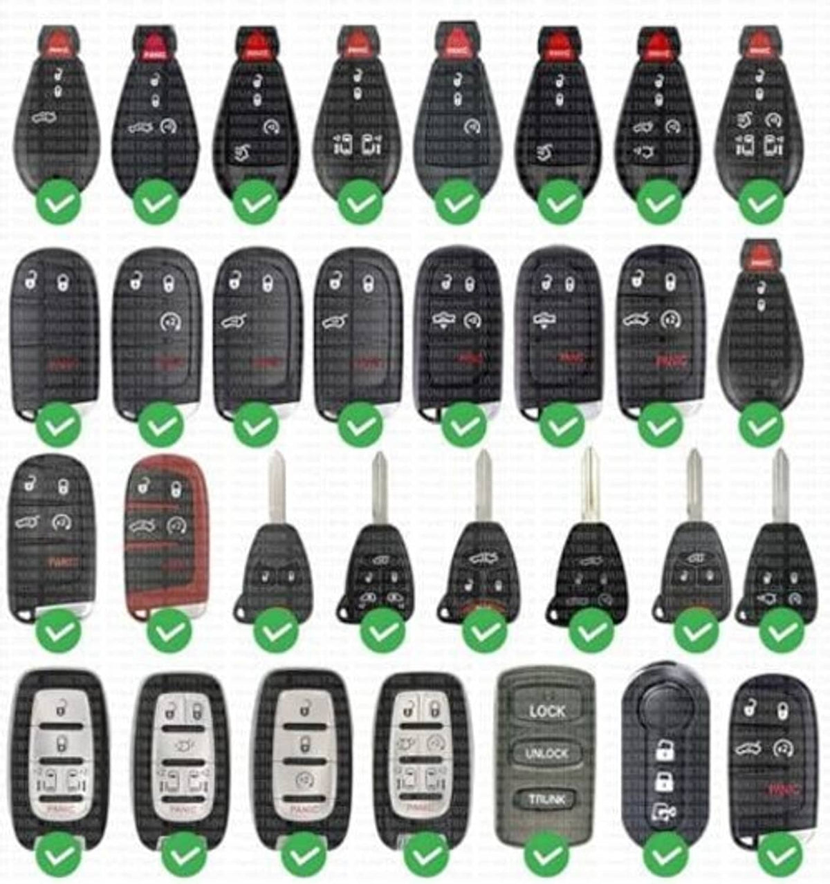 Assorted key fob remotes shown with green check marks for CR2032 replacement batteries