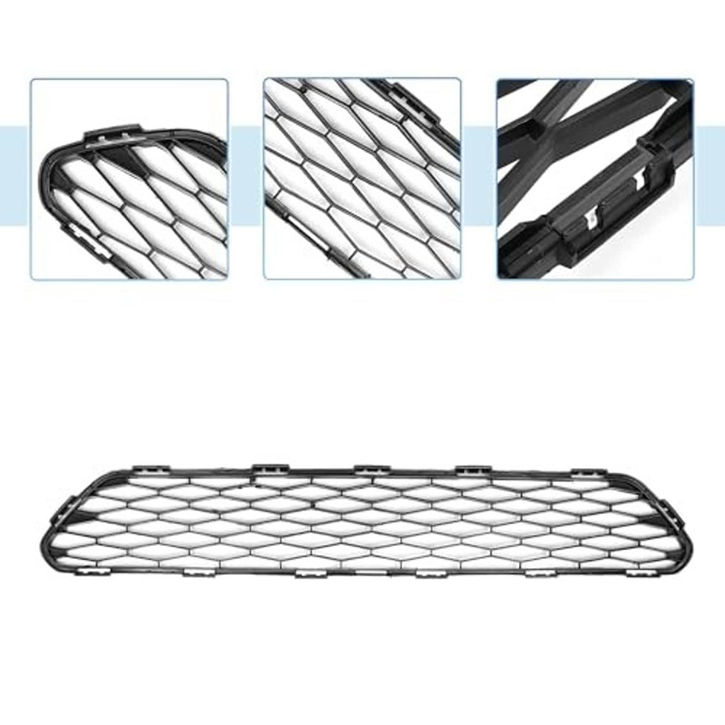 Front lower bumper grille with white mesh and black trim, with side detail views