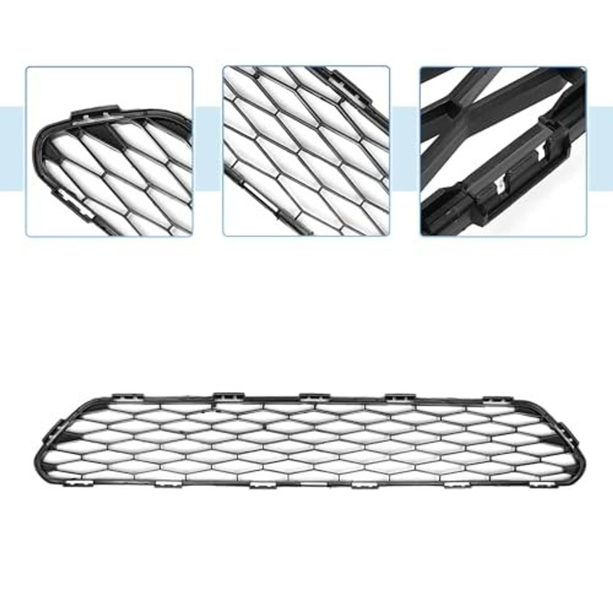 Front lower bumper grille with white mesh and black trim, with side detail views