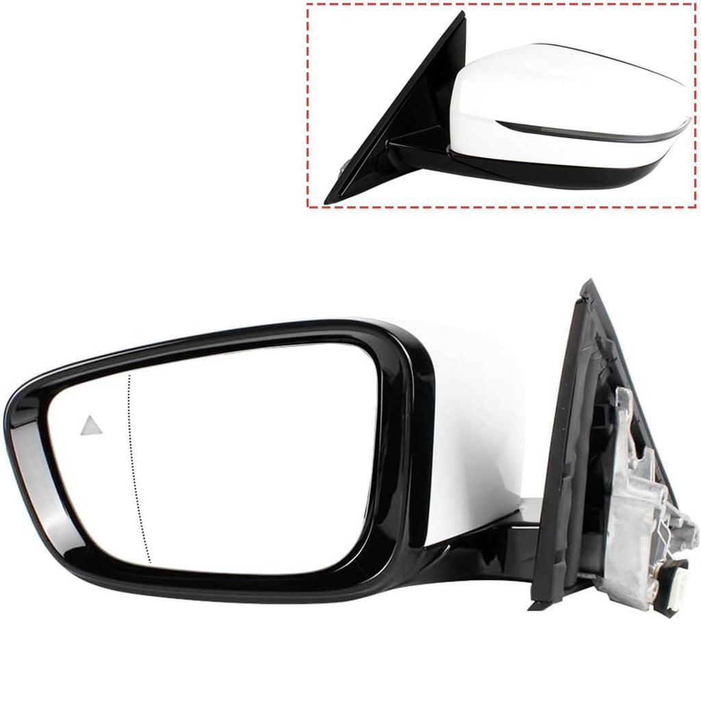 Left driver side mirror assembly with black frame and white cap, showing mount