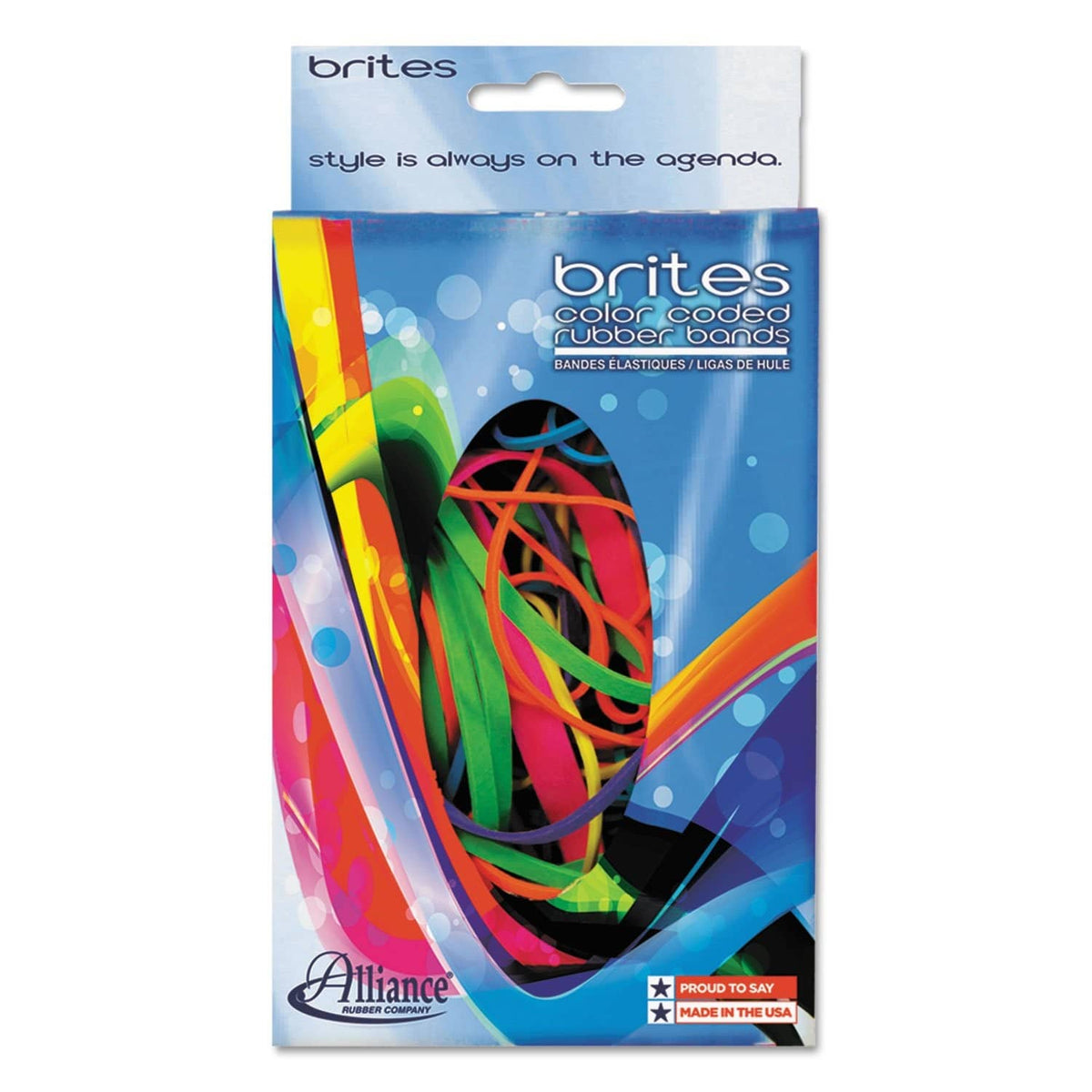 Colorful rubber band pack, blue orange yellow lime pink, in branded blister package