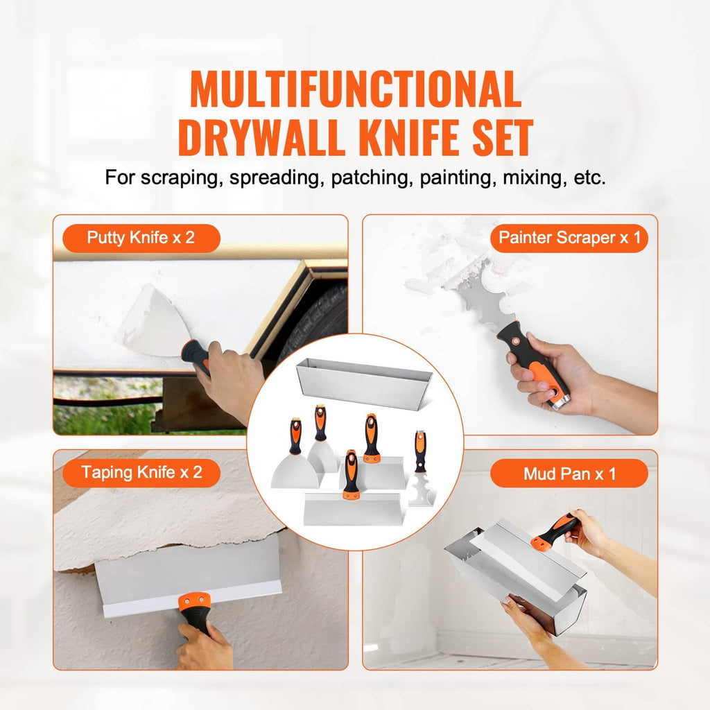 Drywall knife set with putty knives and painter scraper, orange-black handles
