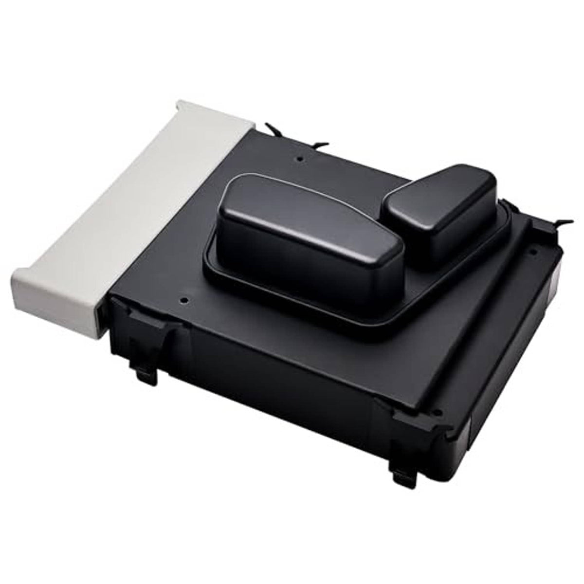 Power seat switch module with black rocker button and gray mounting trim, angled view