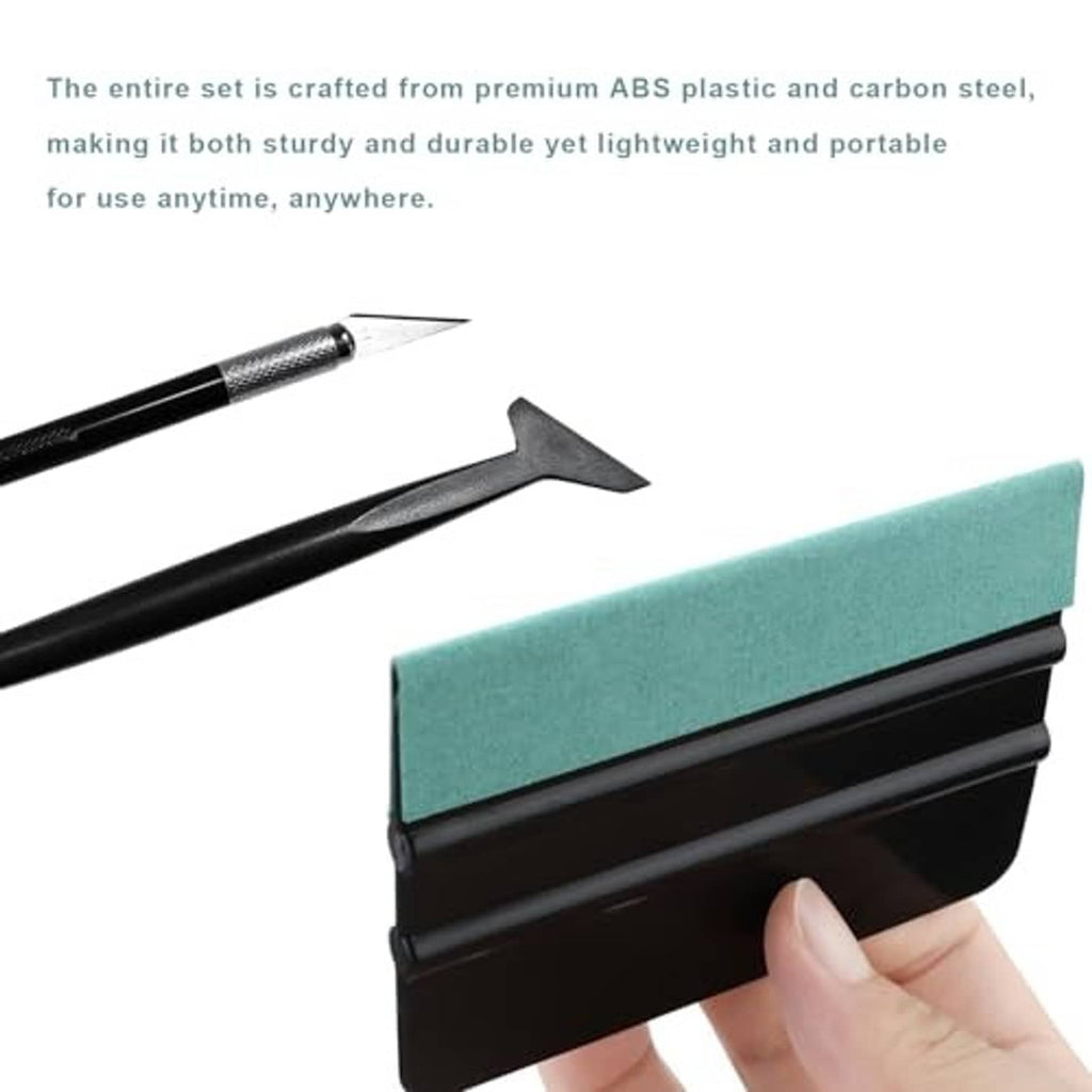 Window tint squeegee tool with teal felt pad and black handle, plus scraper knife