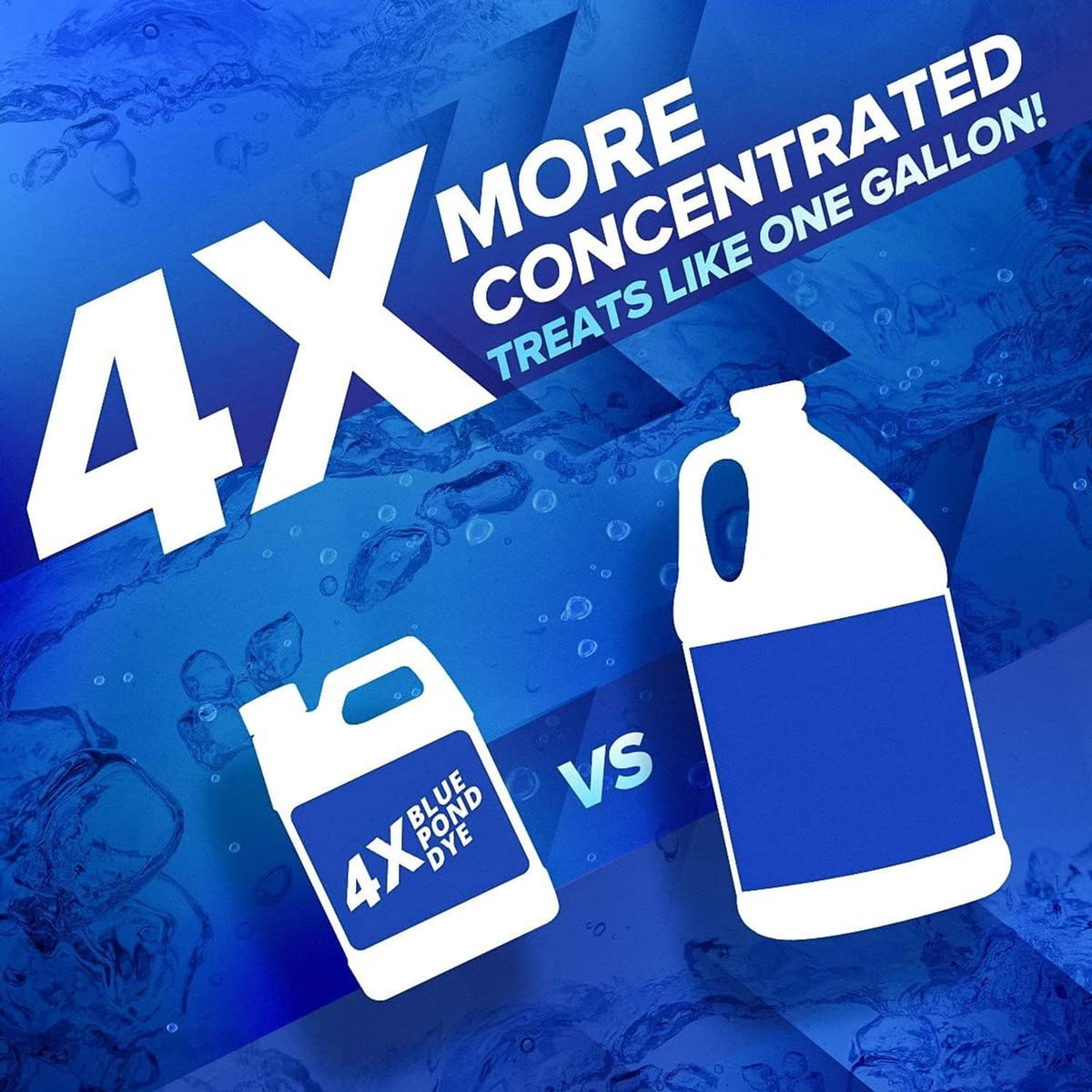 Blue pond dye graphic showing 4X strength vs comparison jugs over water splash.