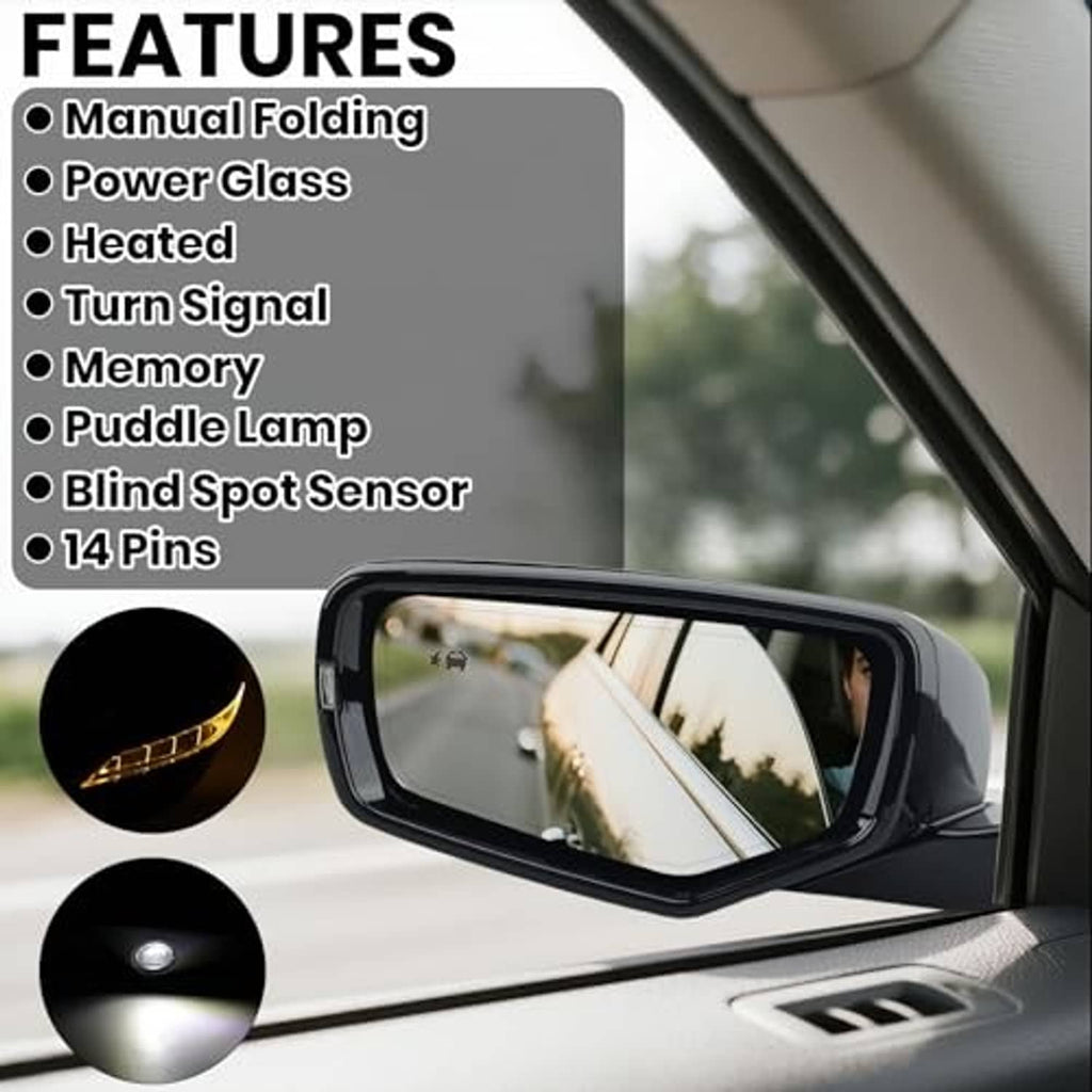 Black left driver-side mirror glass in door frame with surrounding trim