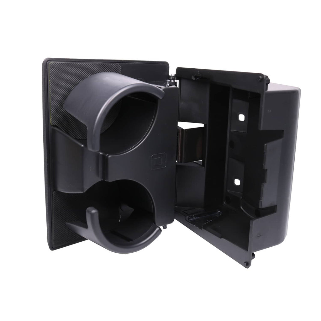 Black dual cup holder front piece with cup openings and open mounting area.
