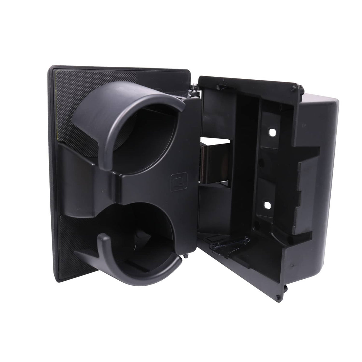 Black dual cup holder front piece with cup openings and open mounting area.