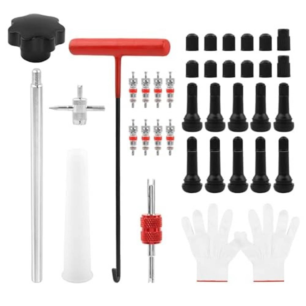 Tire valve stem repair tool set with red handle, stem inserter, black valve caps, gloves