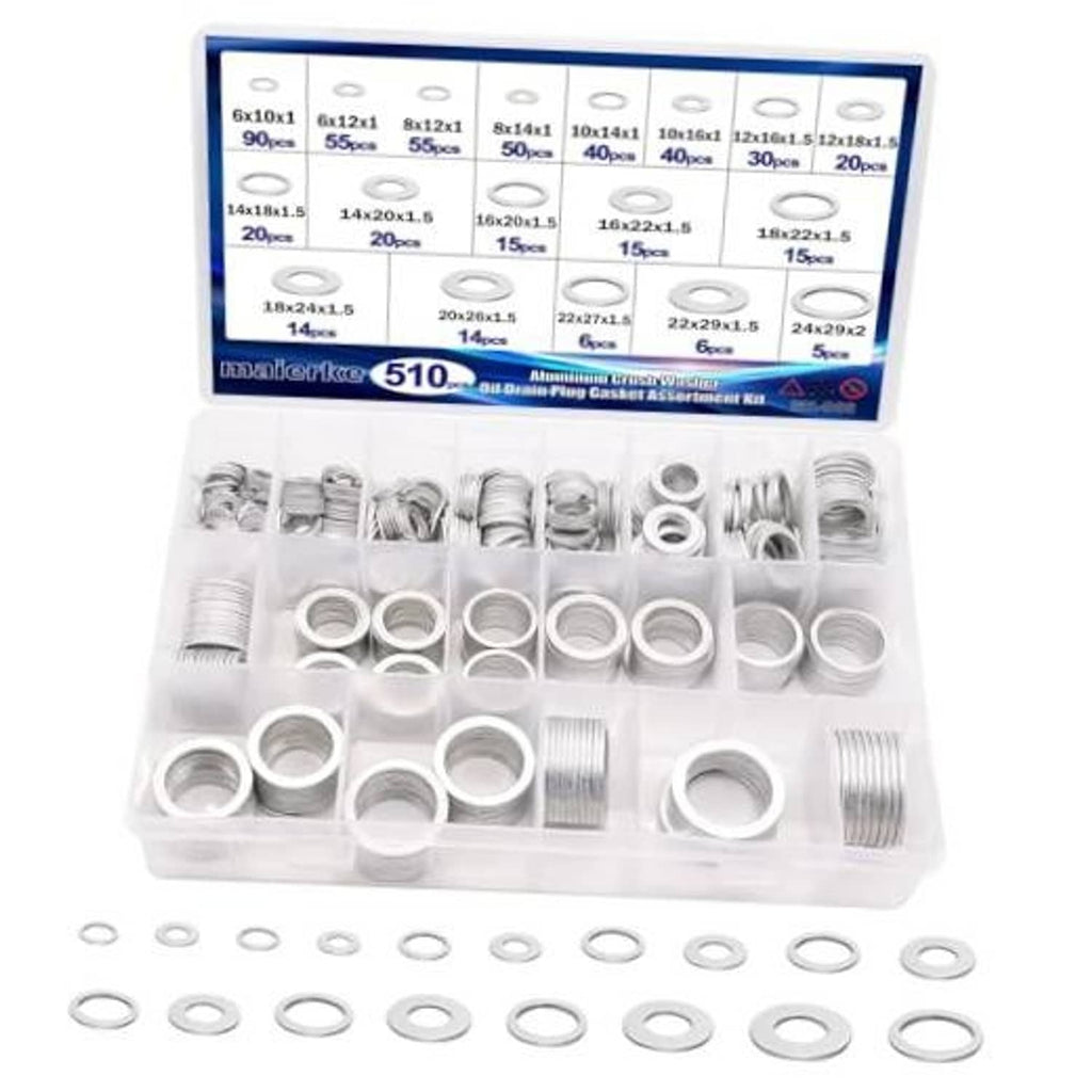 Aluminum crush washer assortment in divided organizer box with multiple sizes