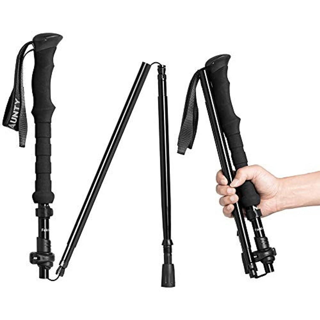 Collapsible trekking poles in dark color with folding handle and wrist strap, partially folded