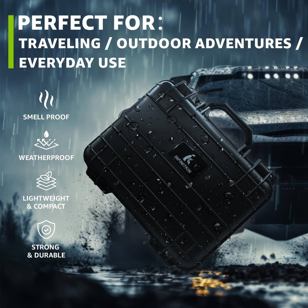 Black waterproof odor-proof hard case with droplets, rugged molded shell and handle