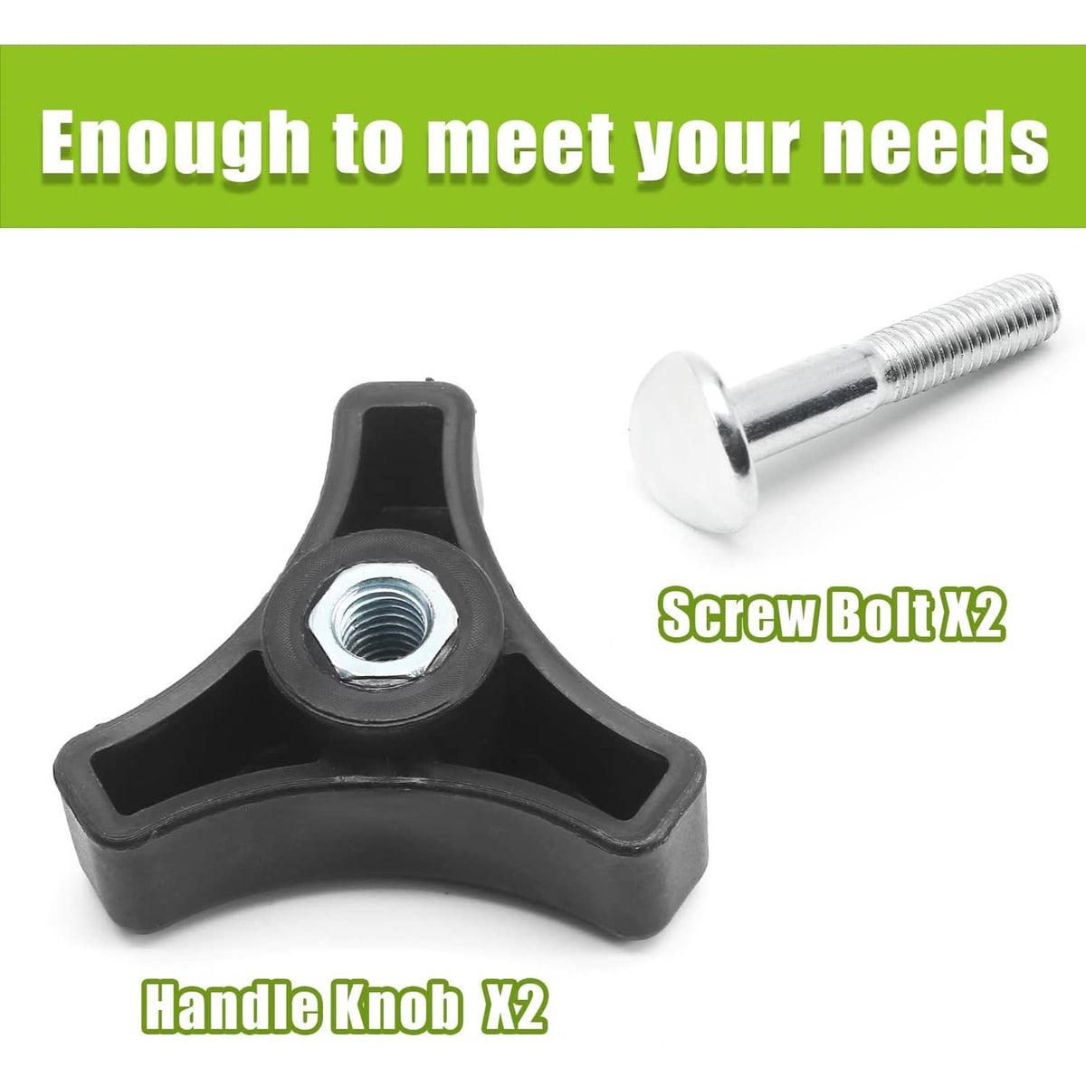Black lawn mower handle knob with threaded screw bolt and built-in metal nut insert