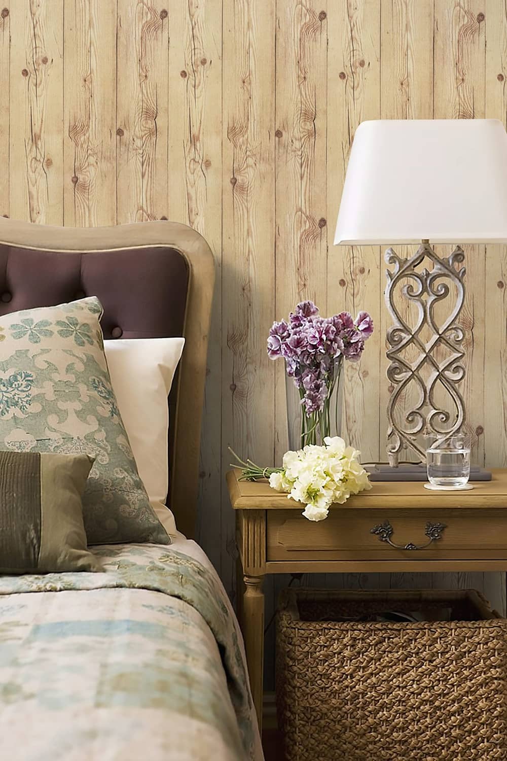 Wood plank peel-and-stick wallpaper with light beige grain and small knot details