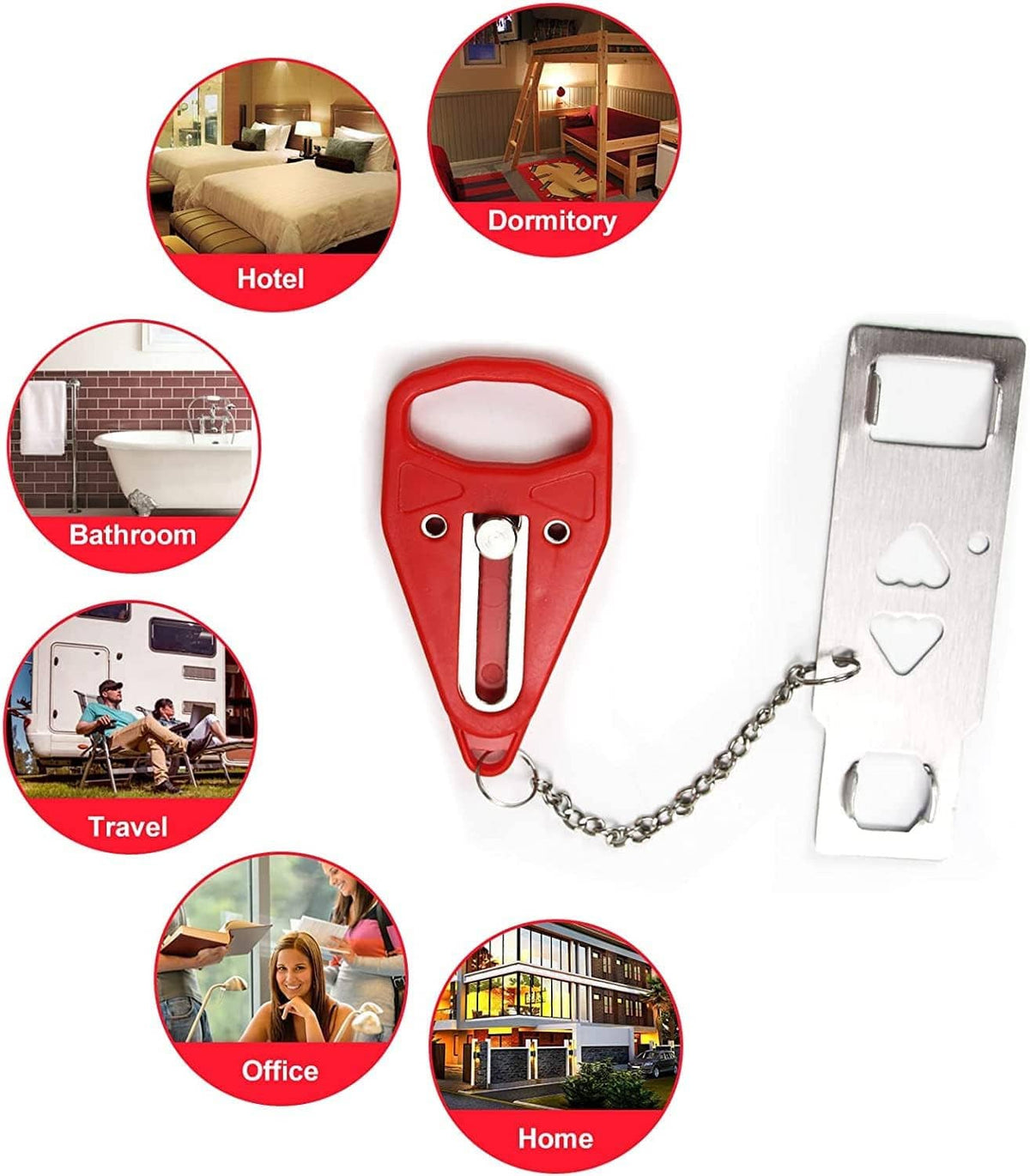 Portable door safety lock with red tool and chain for home, hotel, travel, and office