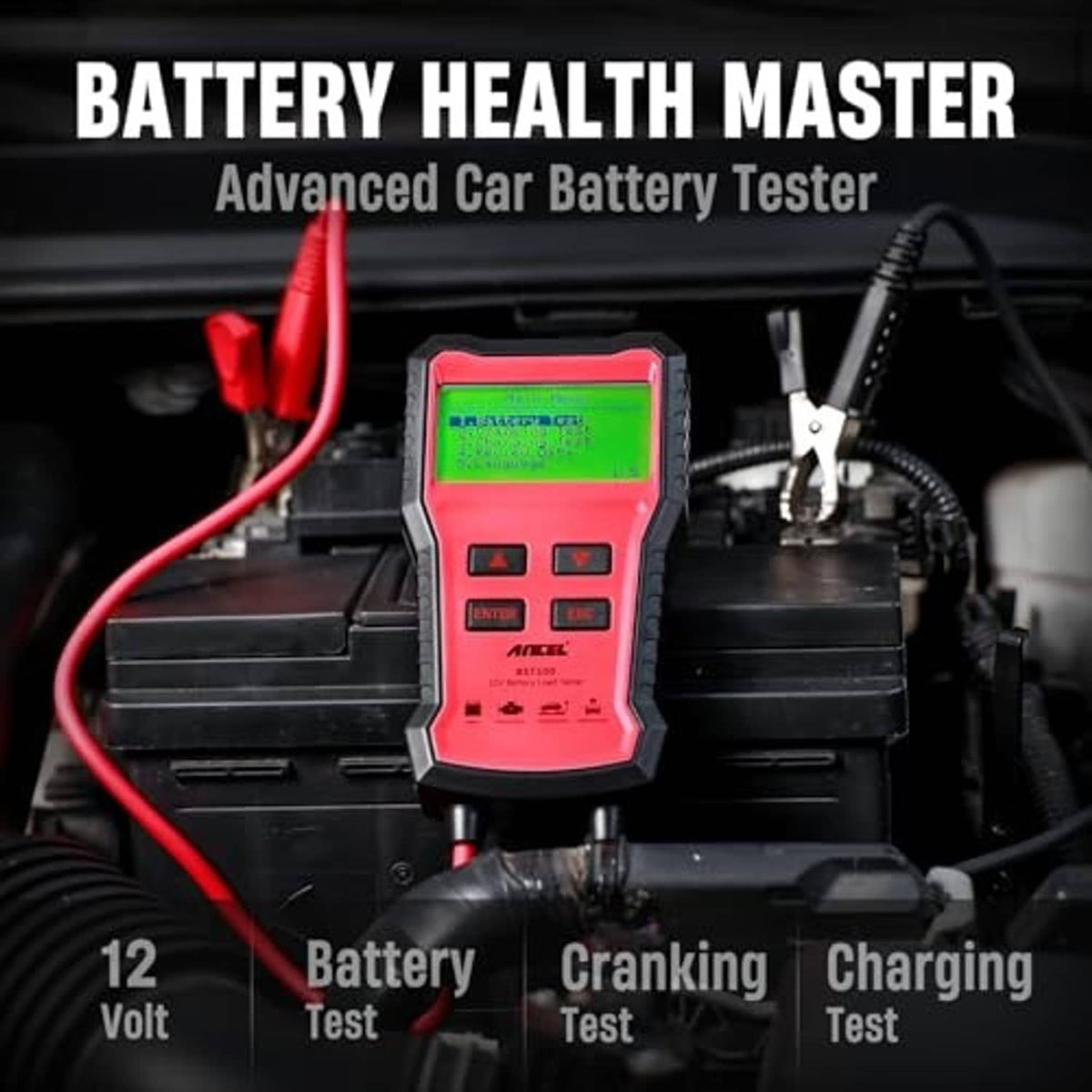 12V car battery tester with LCD display and silver alligator clamp leads