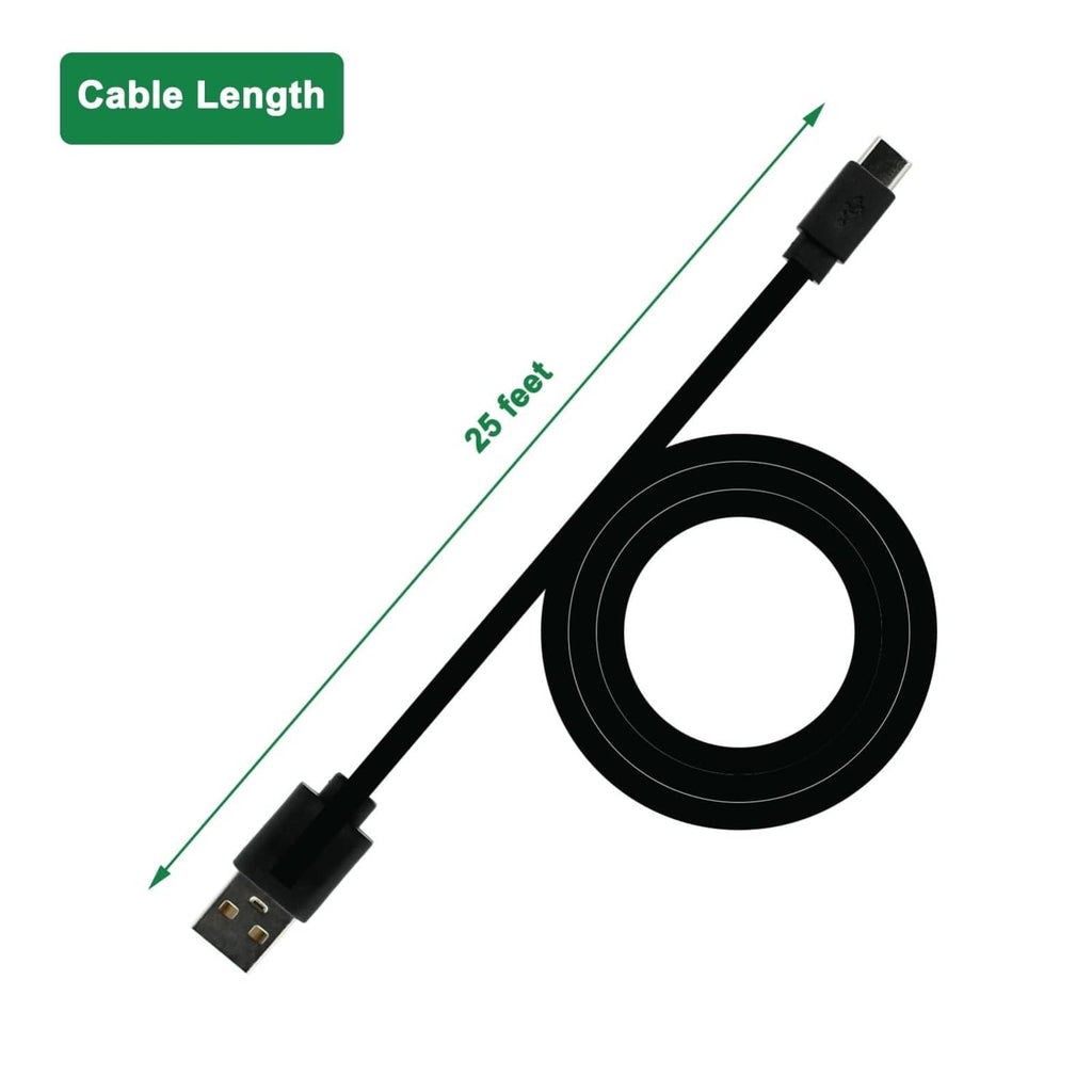 USB-A to USB-C charging cable, 26ft length with black cable and metal plugs
