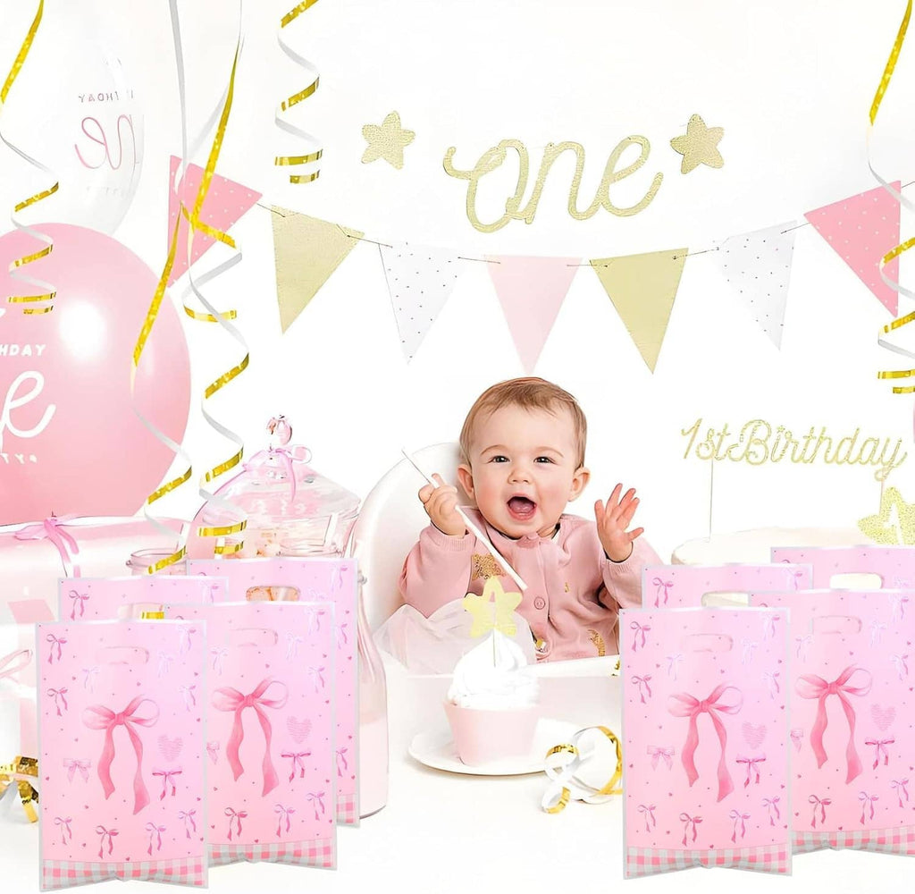 Pink bow gift bags with ribbon pattern around a birthday celebration