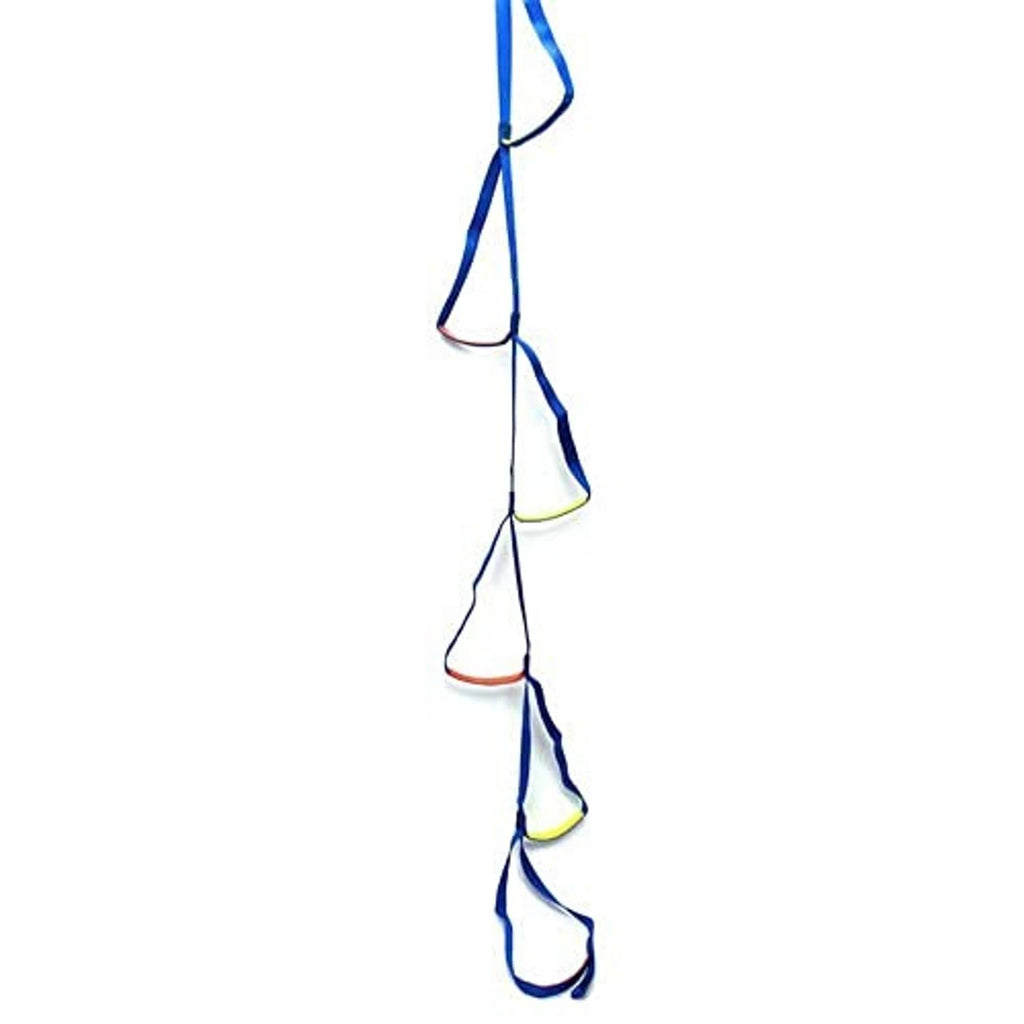 Nylon aider ladder with blue tubular webbing and three visible colorful foothold loops