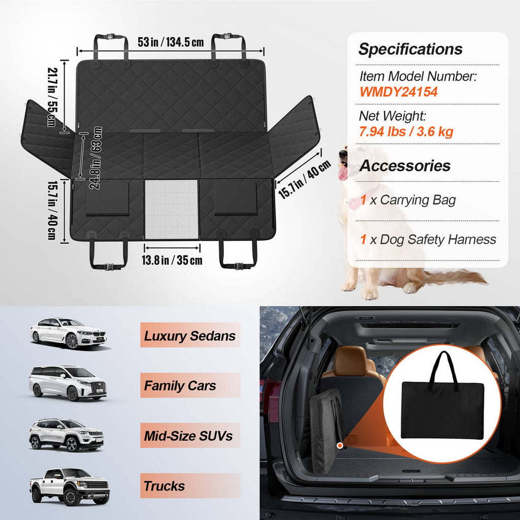 Folded black dog back seat cover measuring 53 x 24.8 in with carrying bag