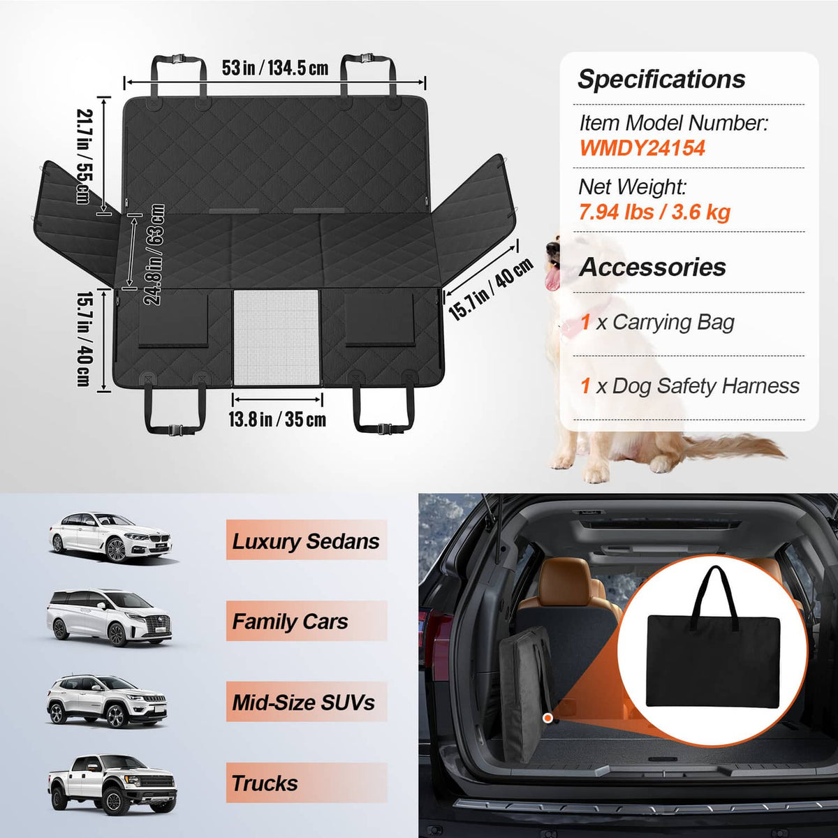 Folded black dog back seat cover measuring 53 x 24.8 in with carrying bag