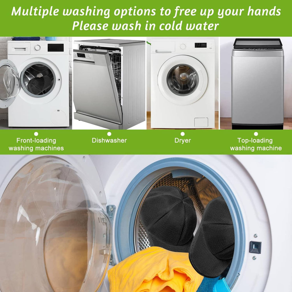 Black hat washer cage with mesh cap inside a washing machine load
