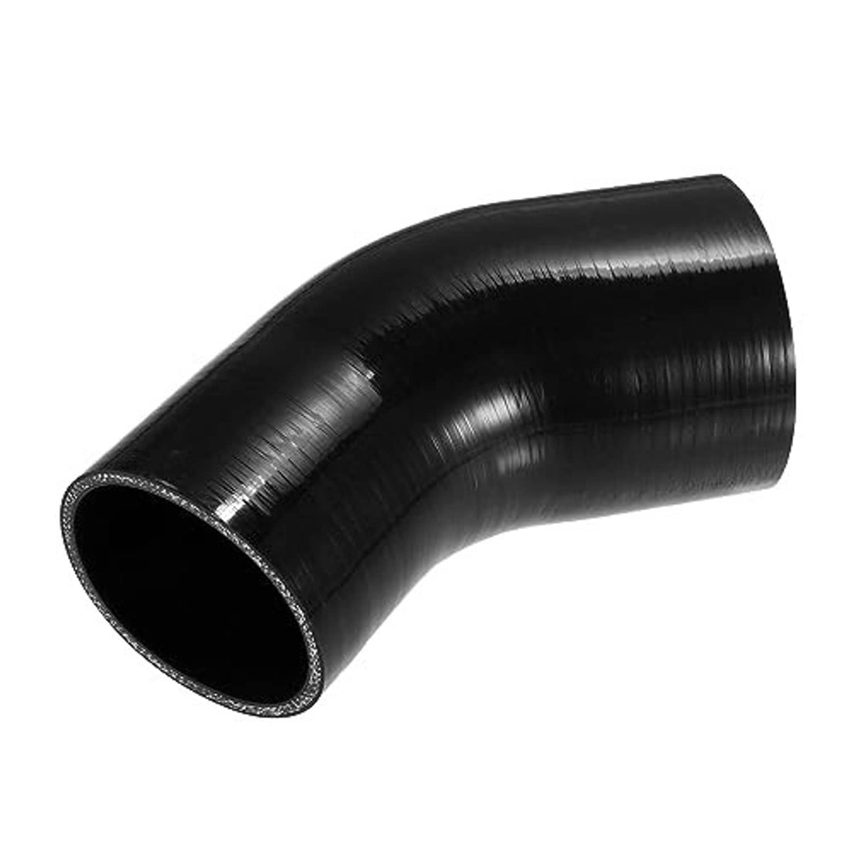 Black molded silicone elbow reducer hose, side view with open ends