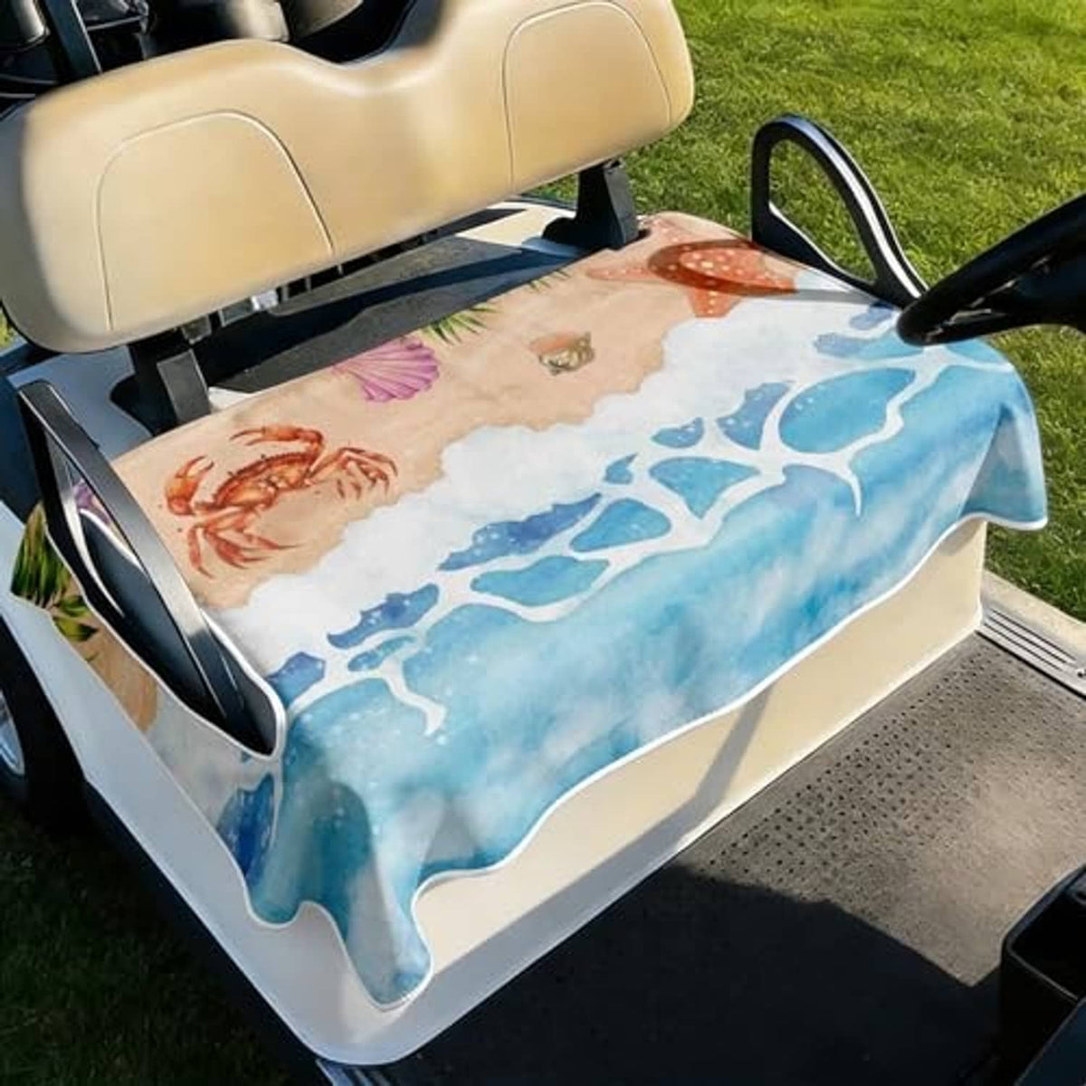 Universal golf cart seat cover with blue ocean waves, orange crab and starfish design