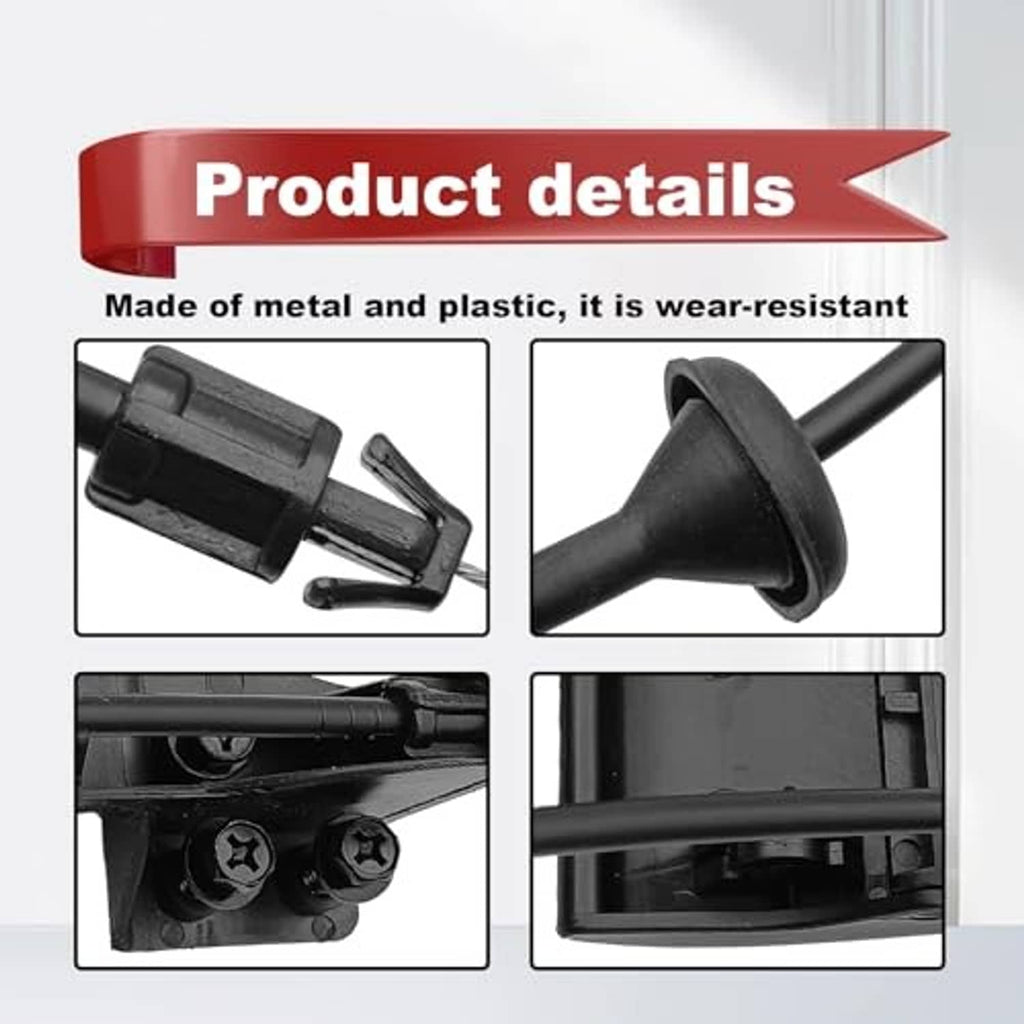 Black hood release cable handle end with mounting bracket and insert, close-up