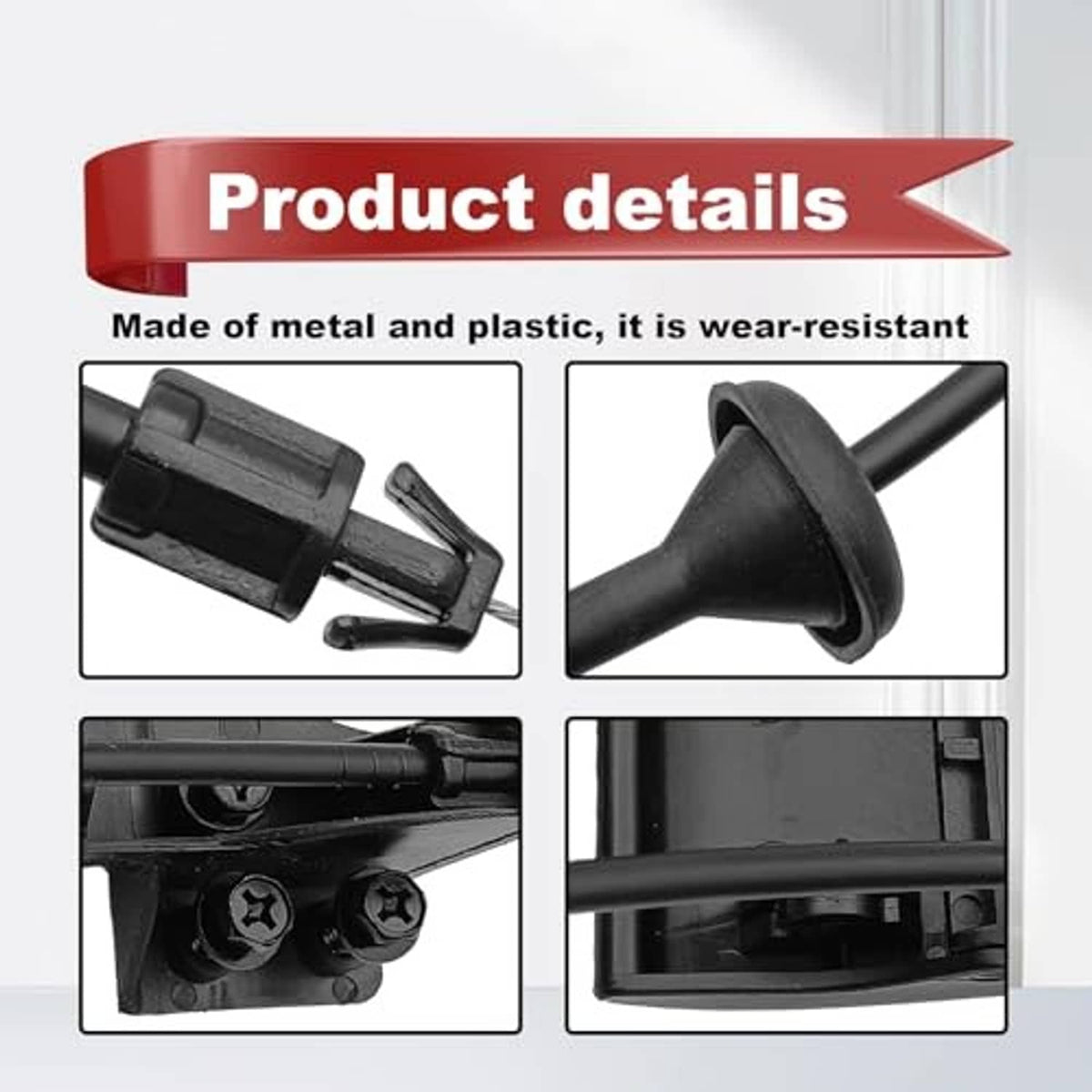 Black hood release cable handle end with mounting bracket and insert, close-up
