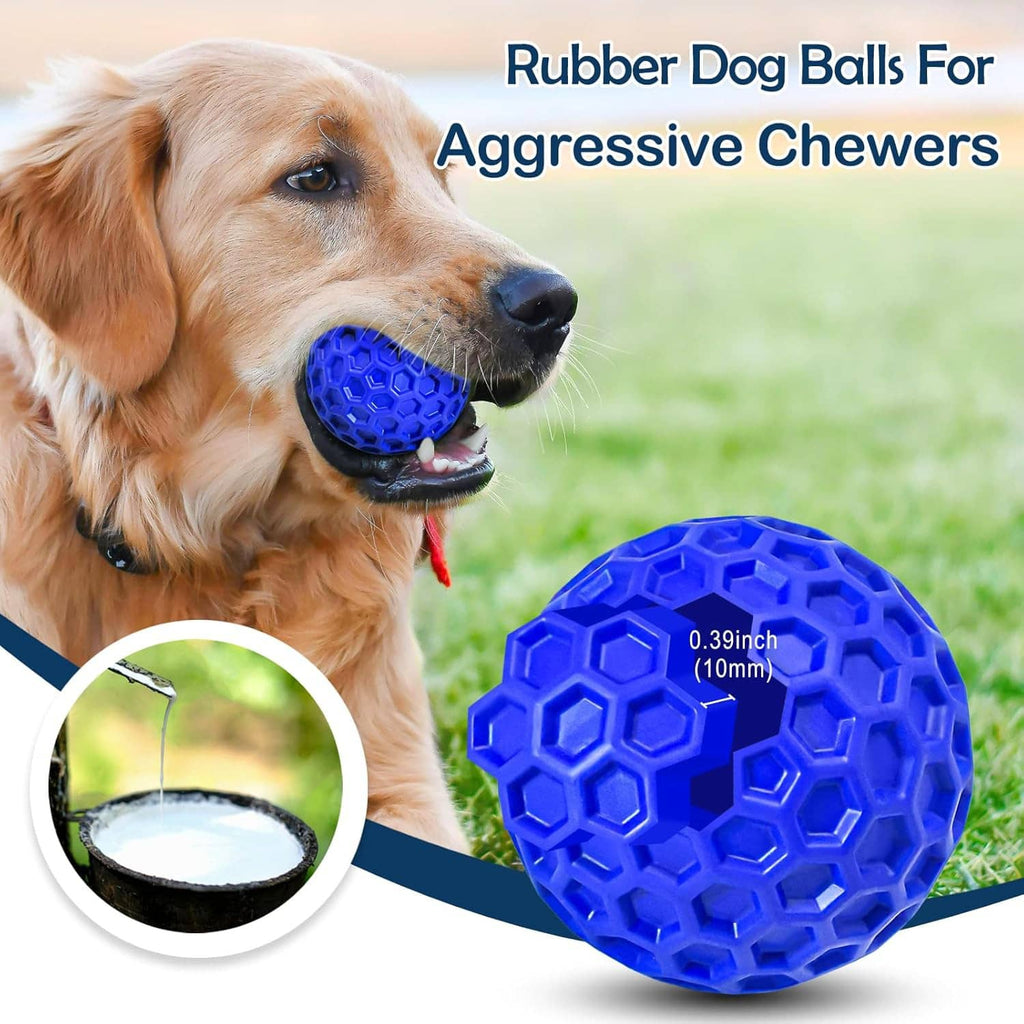 Blue rubber dog ball with hex pattern texture and squeaker hole for chewing