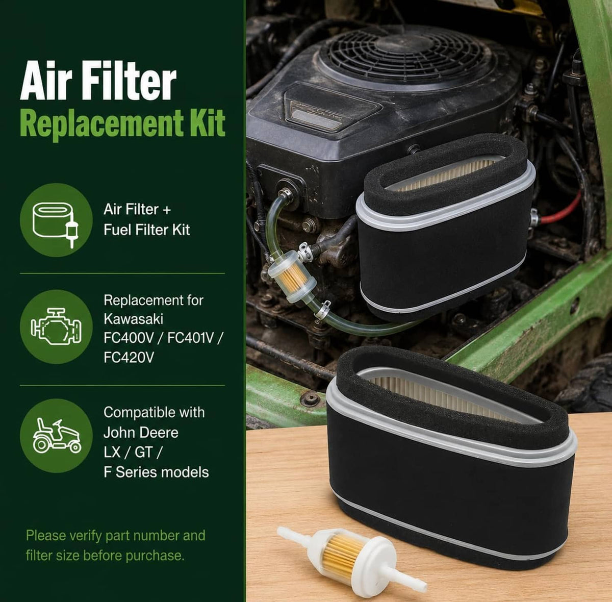 Air filter replacement kit with foam pre-filter and pleated paper element shown on engine