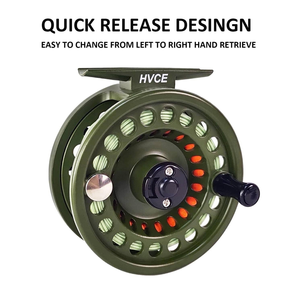 Center-drag fly reel with green spool, red line accents, and right-hand handle