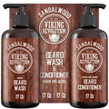 Beard wash and conditioner bottles, Viking Revolution Sandalwood duo with pumps