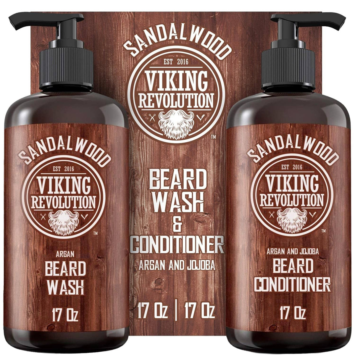 Beard wash and conditioner bottles, Viking Revolution Sandalwood duo with pumps